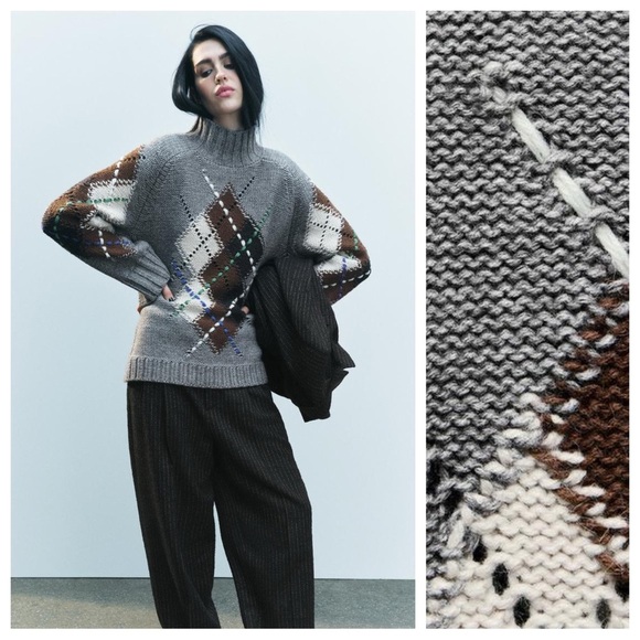 NWT. Zara Grey Marl Diamond Knit High Neck Sweater. Size M. - Picture 2 of 10